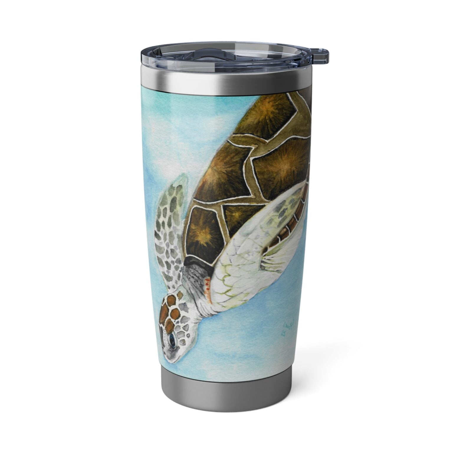 Elegance Meets Life - AFH -Angels Fly Here - 20oz stainless steel tumbler - This Tumbler is called Elegance meets life for a very good reason. the watercolor of a sea turtle diving in the ocean is stunningly elegant printed on the stainless steel tumbler. The Blue, off-white, and brown tones bring elegance to the steel color of the tumbler bringing elegance to life's routines. left view