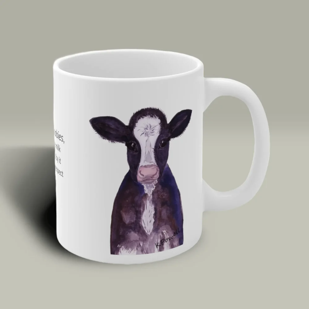 Outstanding Baby Calf Mug: The perfect Gift for Ranchers! - Angels Fly Here - AFH - Mug is displayed on a blank White background to fully display the unparalleled design and artwork without any distractions. Perfect for any Christian to draw inspiration from as they enjoy the artistry and beauty with a daily scripture.