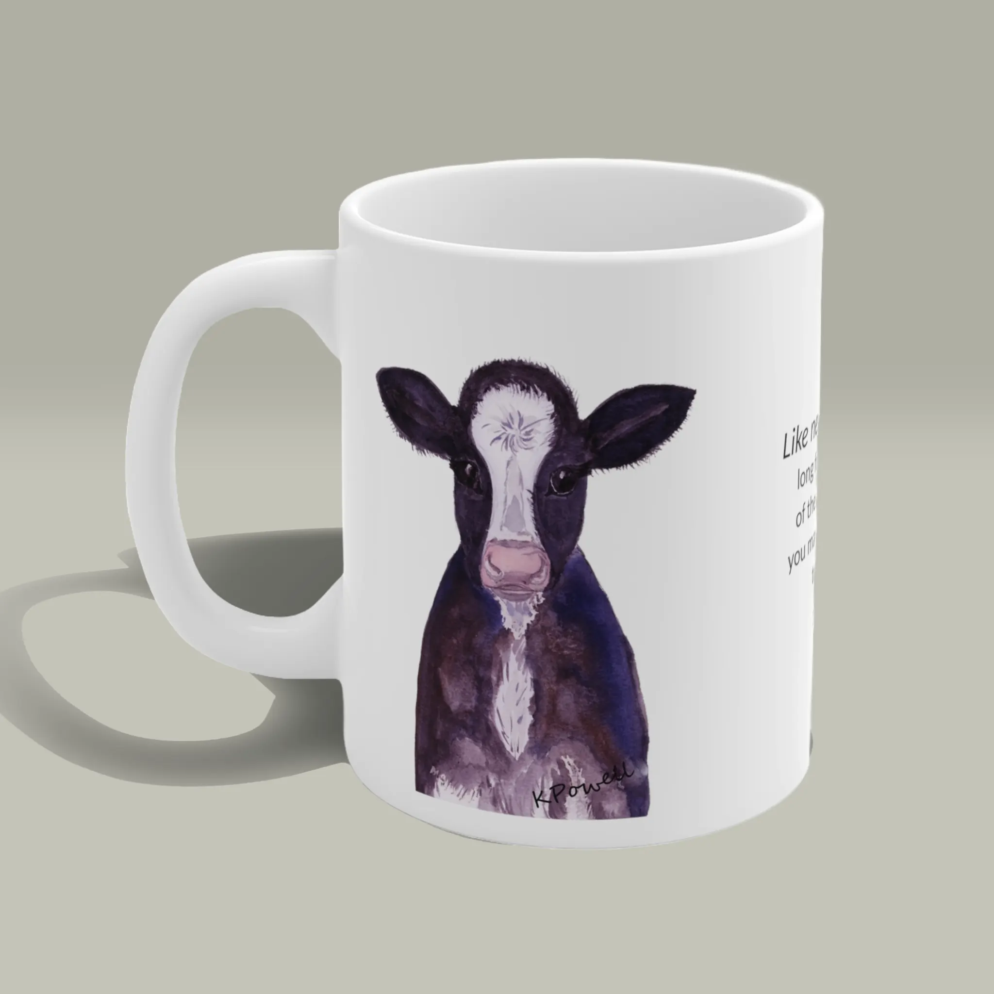 Outstanding Baby Calf Mug: The perfect Gift for Ranchers! - Angels Fly Here - AFH - Mug is displayed on a white background to show of the outstanding artwork and colors of the mug. The artwork is in full display and the bible verse is clearly visible on this excellent piece of functional art.