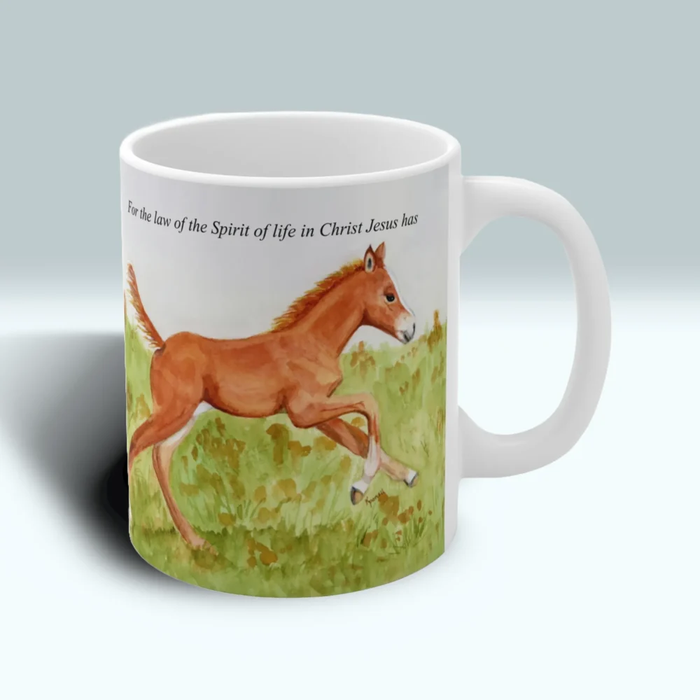 Beautiful Colt Mug - Angels Fly Here - AFH - Mug is displayed on a blank White background to fully display the unparalleled design and artwork without any distractions. Perfect for any Christian to draw inspiration from as they enjoy the artistry and beauty with a daily scripture.
