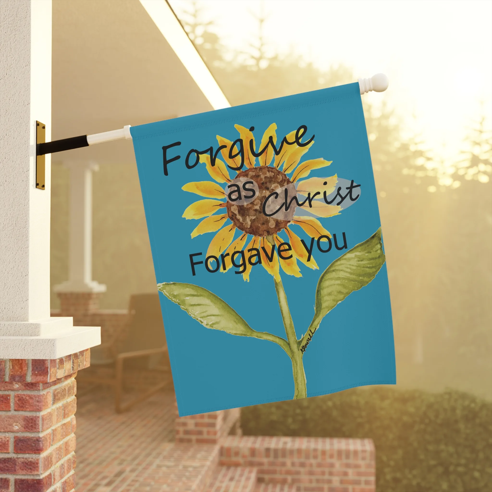 Forgive as Christ: Beautiful, Vibrant, Sunflower Flag shown front side on a flag pole so that you can see it's vibrant beautiful color contrast, and what it will look like on your house.