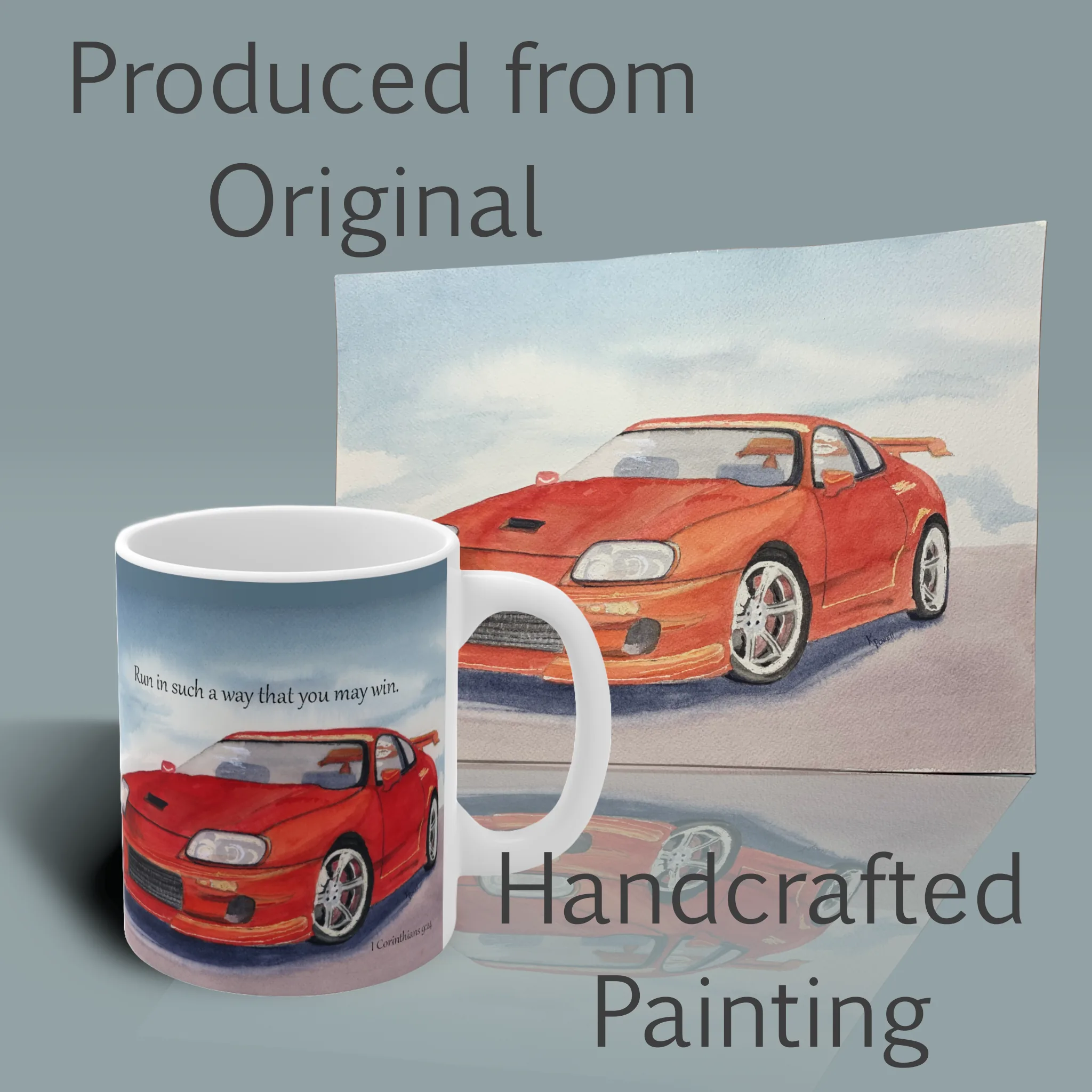Beautiful Racing With Faith Mug Showing the Original hand crafted watercolor painting by Kathryn Kay Powell with the paintings image on the mug. on the picture is written "Produced form original handcrafted painting"