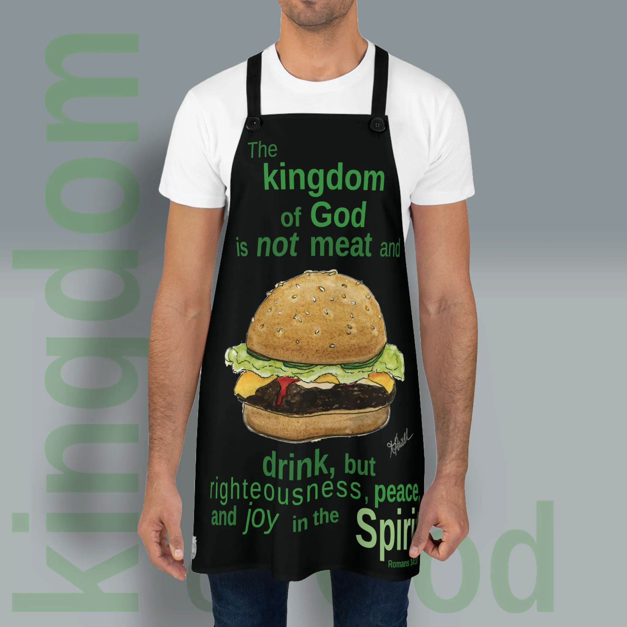 New Kingdom of God Apron: Joy in the Spirit being show worn by a man to show the fit and finish of this exceptional quality and stylish product. Perfect for your next grill out or daily use around the kitchen.