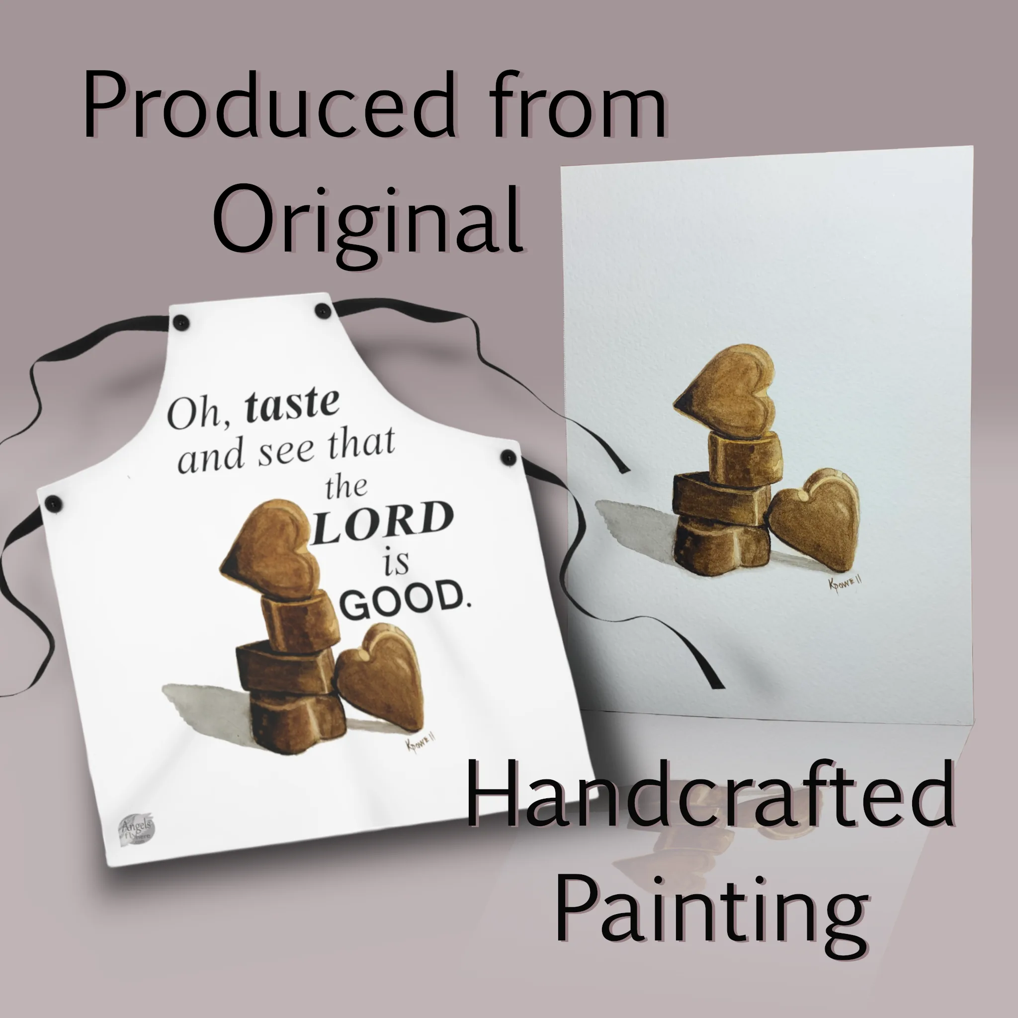 Chocolate Hearts Apron is created from a Original; Watercolor painting by Kathryn Kay Powell both the apron and a picture of the original painting are shown here with the text " Produced from Original Handcrafted Painting"