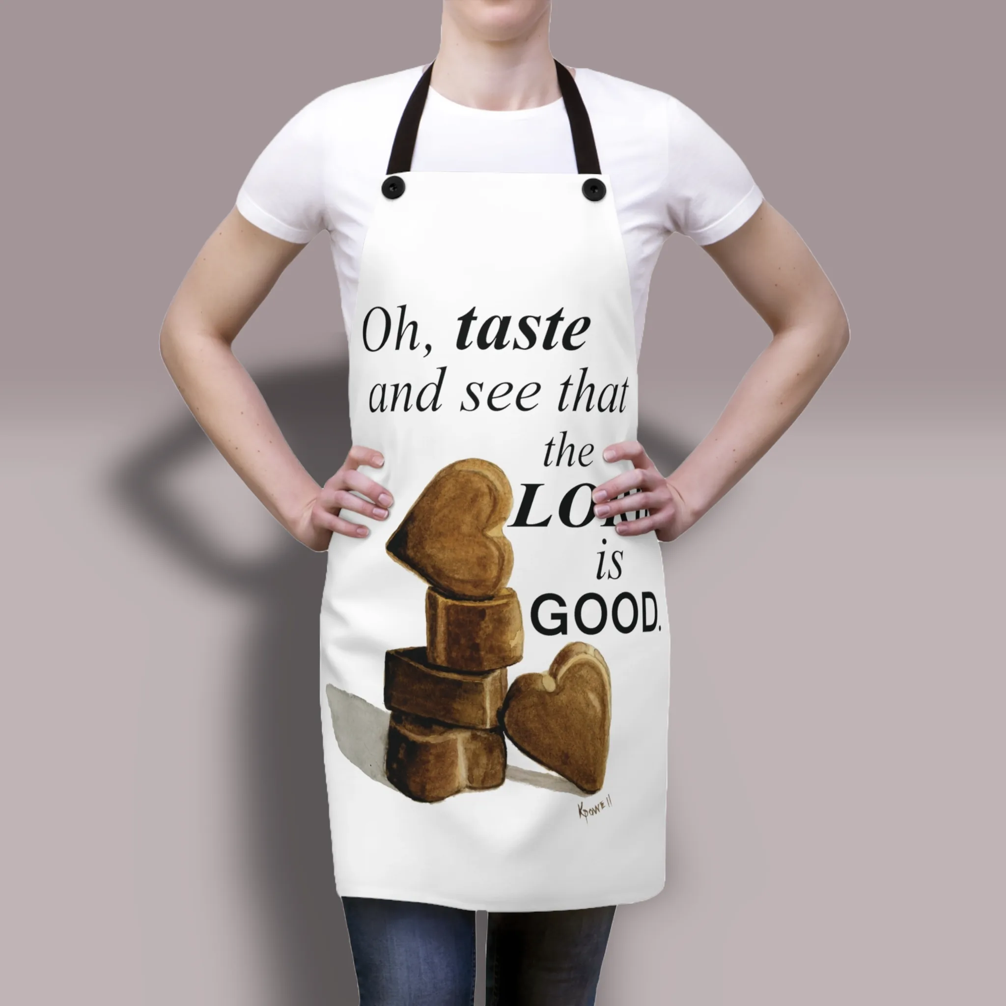 Chocolate Hearts Apron worn by a woman to show the fit and details of the Apron in use