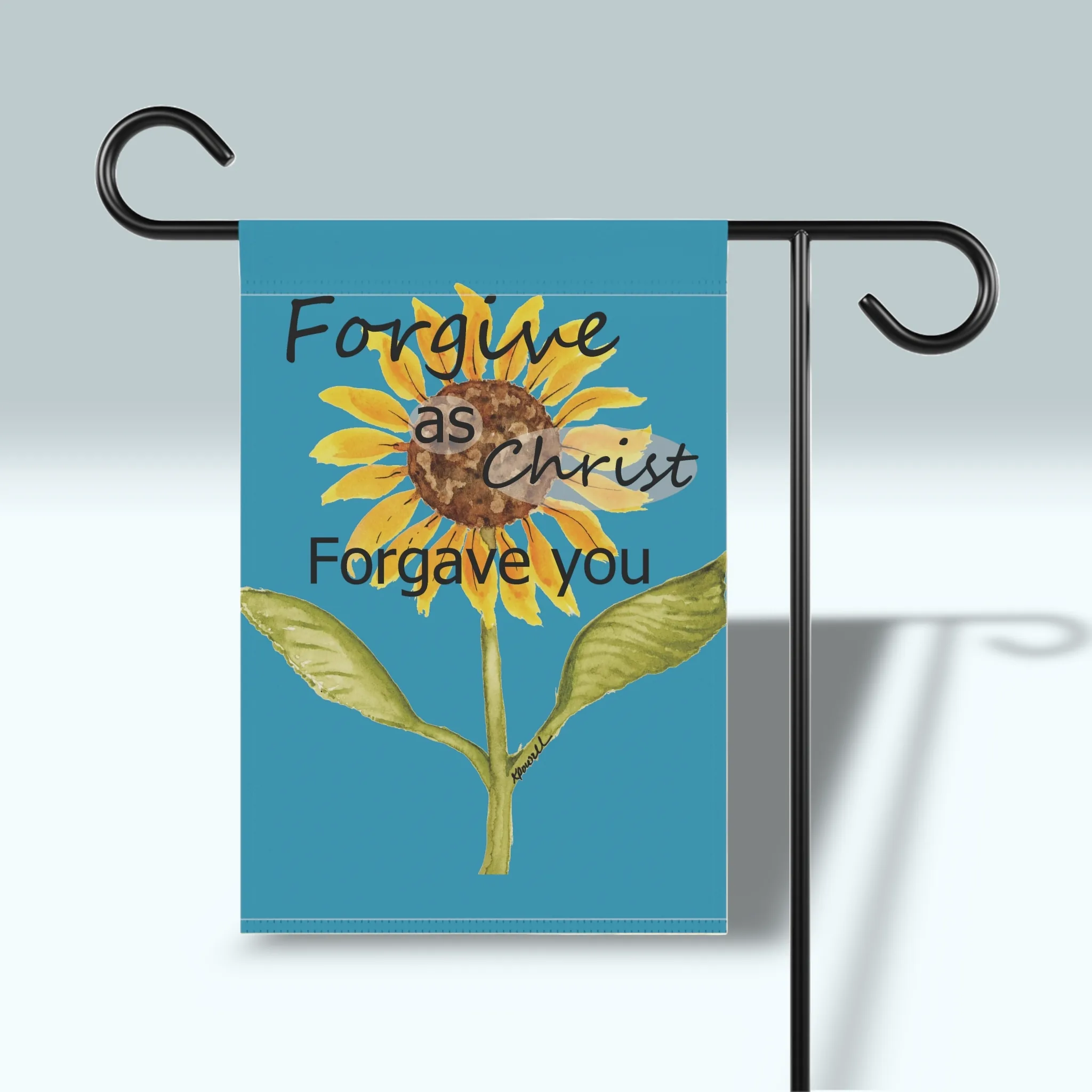 Forgive as Christ: Beautiful, Vibrant, Sunflower Flag shown on a flag holder so that you can see it's brilliant, colorful hand painted design.