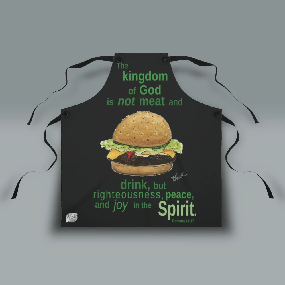 New Kingdom of God Apron: Joy in the Spirit being shown flat to display the fit and finish of this exceptional quality and stylish product. Perfect for your next grill out or daily use around the kitchen.