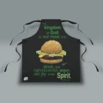 New Kingdom of God Apron: Joy in the Spirit being shown flat to display the fit and finish of this exceptional quality and stylish product. Perfect for your next grill out or daily use around the kitchen.