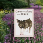 Jesus Garden Flag: TERRIFIC Clean and Shiny Prize Pig shown in a Flower Garden Pathway