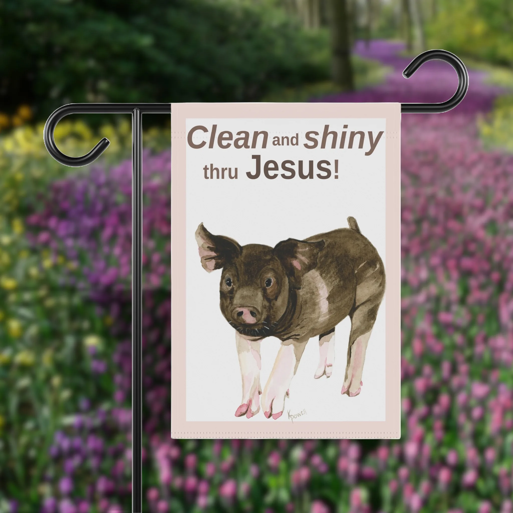 Jesus Garden Flag: TERRIFIC Clean and Shiny Prize Pig shown in a Flower Garden Pathway
