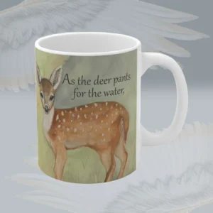 Divine Longing Stunning Baby Deer, complete Psalm 42:1 Mug Spiritual Sips Coffee Cup Right Side Framed By Angels