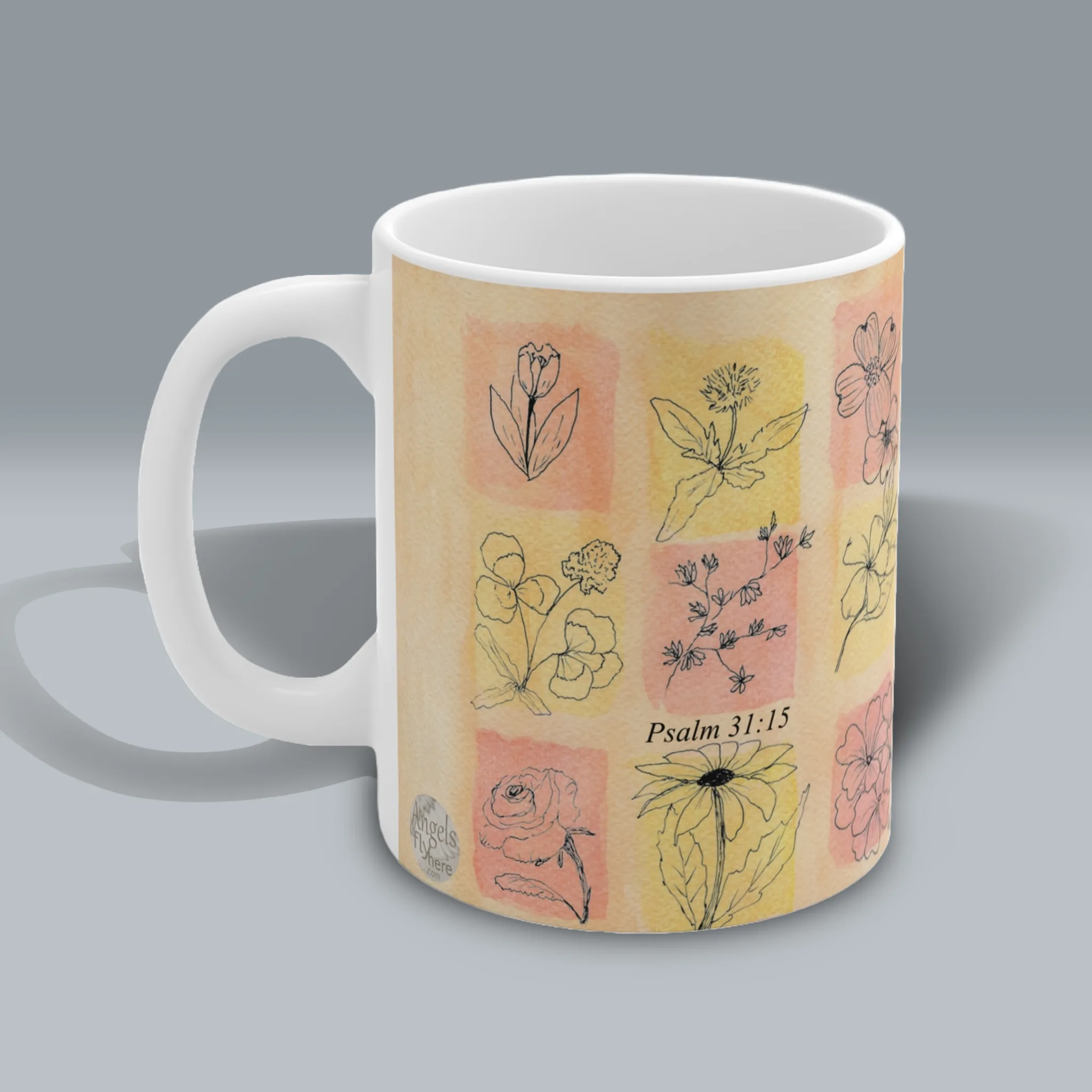 Faith in Bloom Mug Beautiful Flowers with Uplifting Scripture Art Spiritual Sips Coffee Mug Left Side