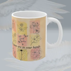 Faith in Bloom Mug Beautiful Flowers with Uplifting Scripture Art Spiritual Sips Coffee Mug Right Side Framed By Angels