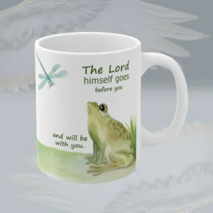 Frog and Dragonfly Mug Absolutely Beautiful, Devoted to True Harmony Spiritual Sips Coffee Mug Right Side Framed By angels
