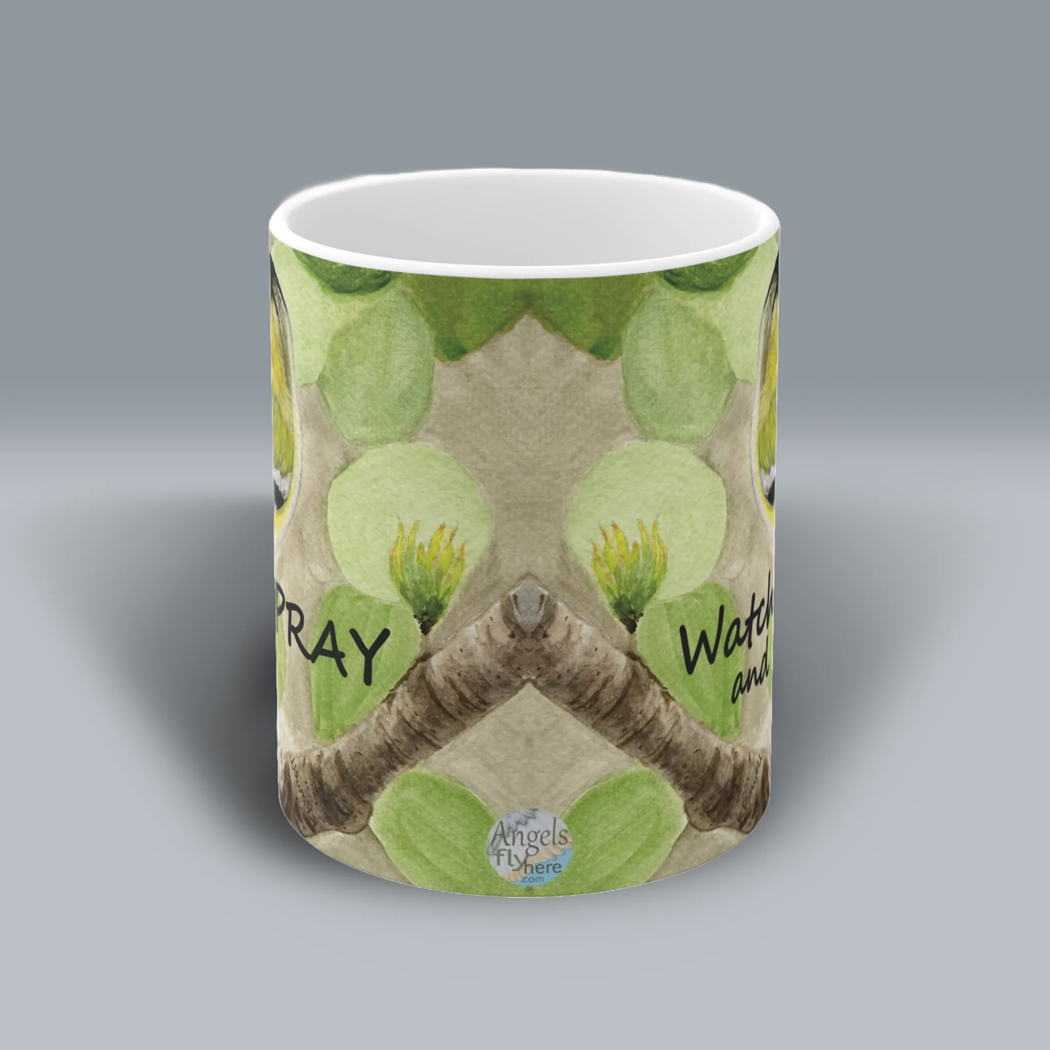 Golden Guidance Beautiful Finch Watch and Pray Faith Mug Spiritual Sips Coffee Cup Front Side