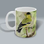 Golden Guidance Beautiful Finch Watch and Pray Faith Mug Spiritual Sips Coffee Cup Left Side