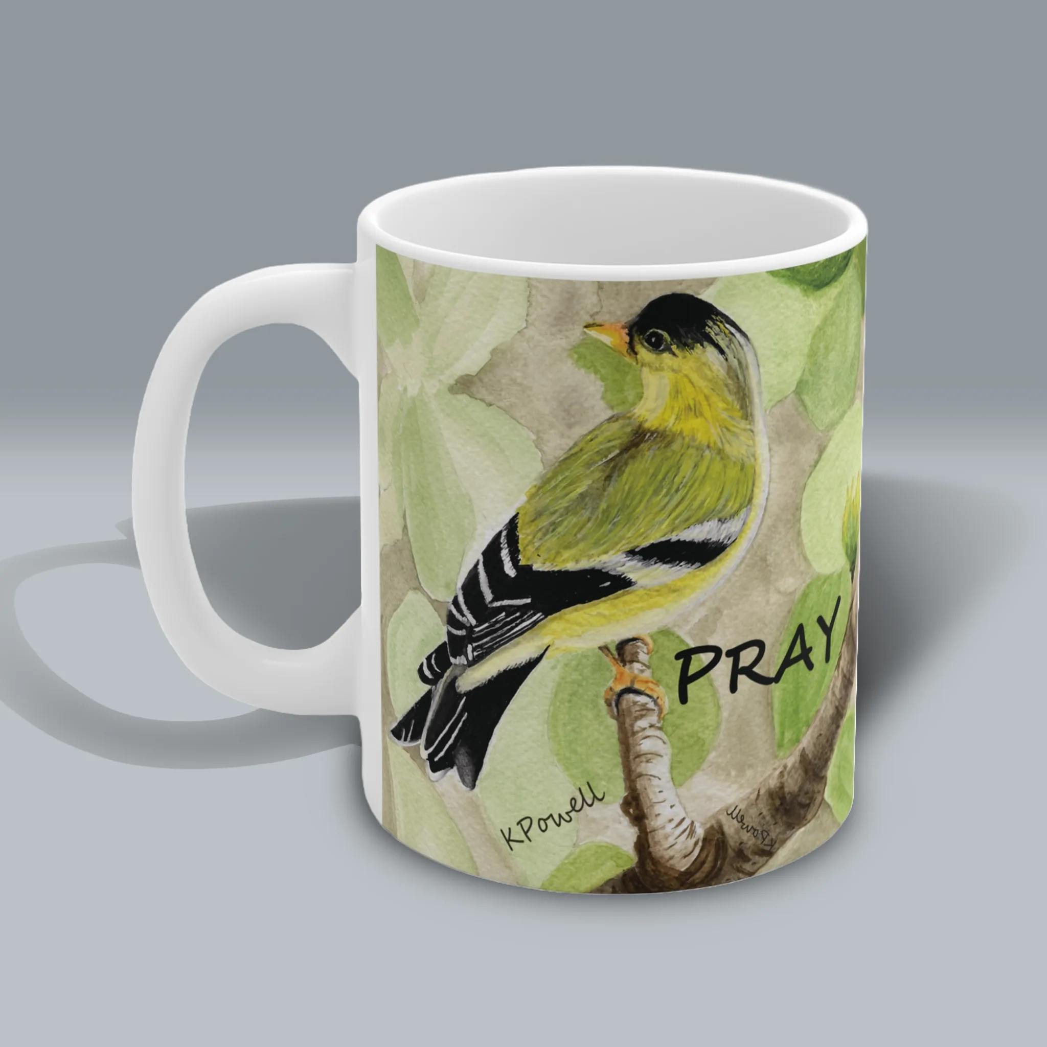 Golden Guidance Beautiful Finch Watch and Pray Faith Mug Spiritual Sips Coffee Cup Left Side