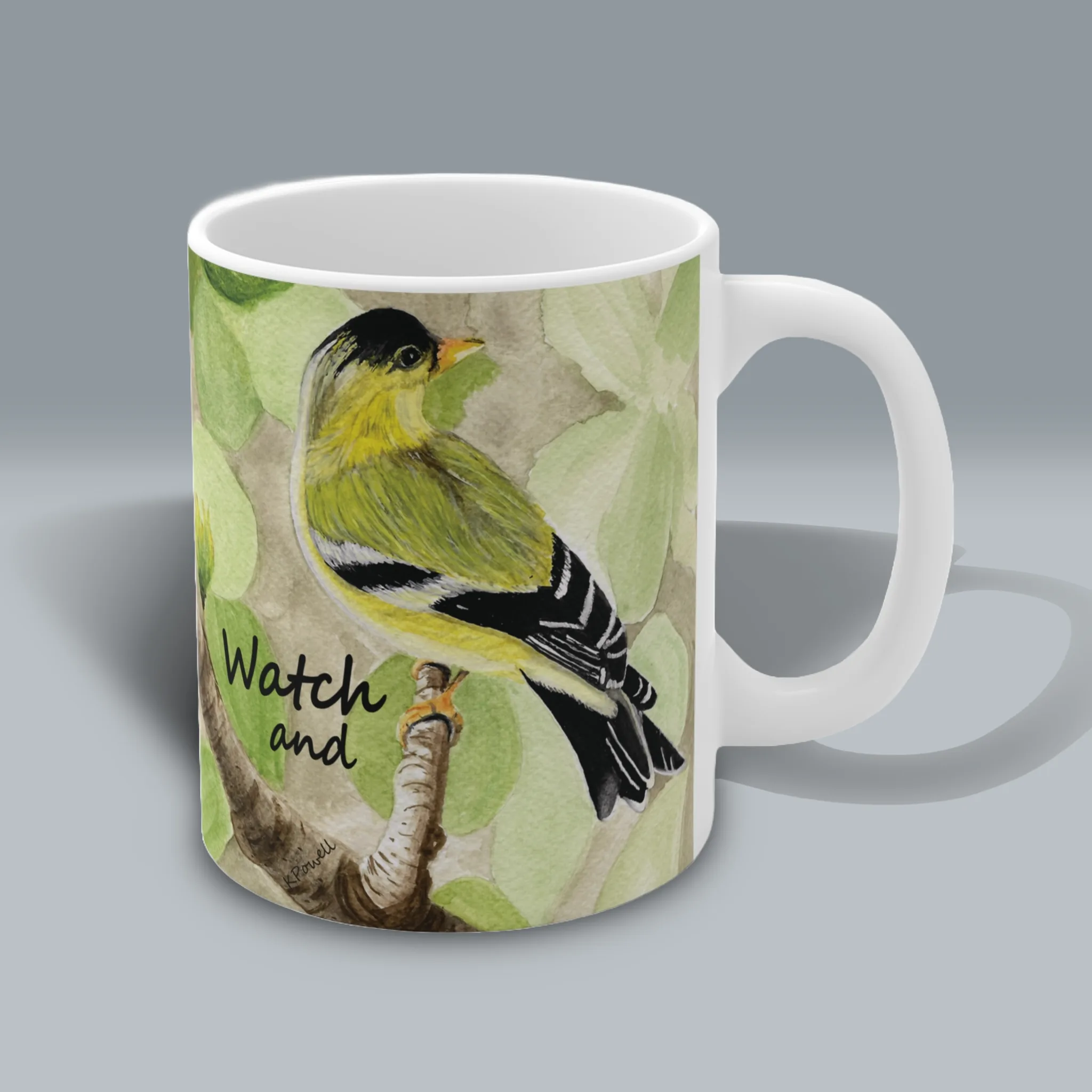 Golden Guidance: Beautiful Finch Watch and Pray Faith Mug