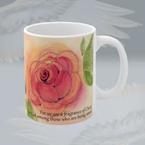 Rose Line Scripture Art Mug Exceptionally Beautiful and Uplifting Spiritual Sips Right Side Framed By Angels