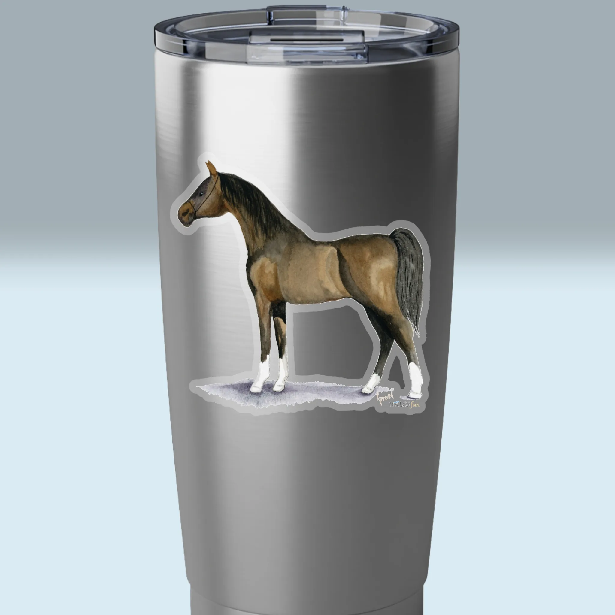 3x3 Arabian Transparent Sticker Beautiful Hand Painted Prize Horse On A Stainless Steel Tumbler