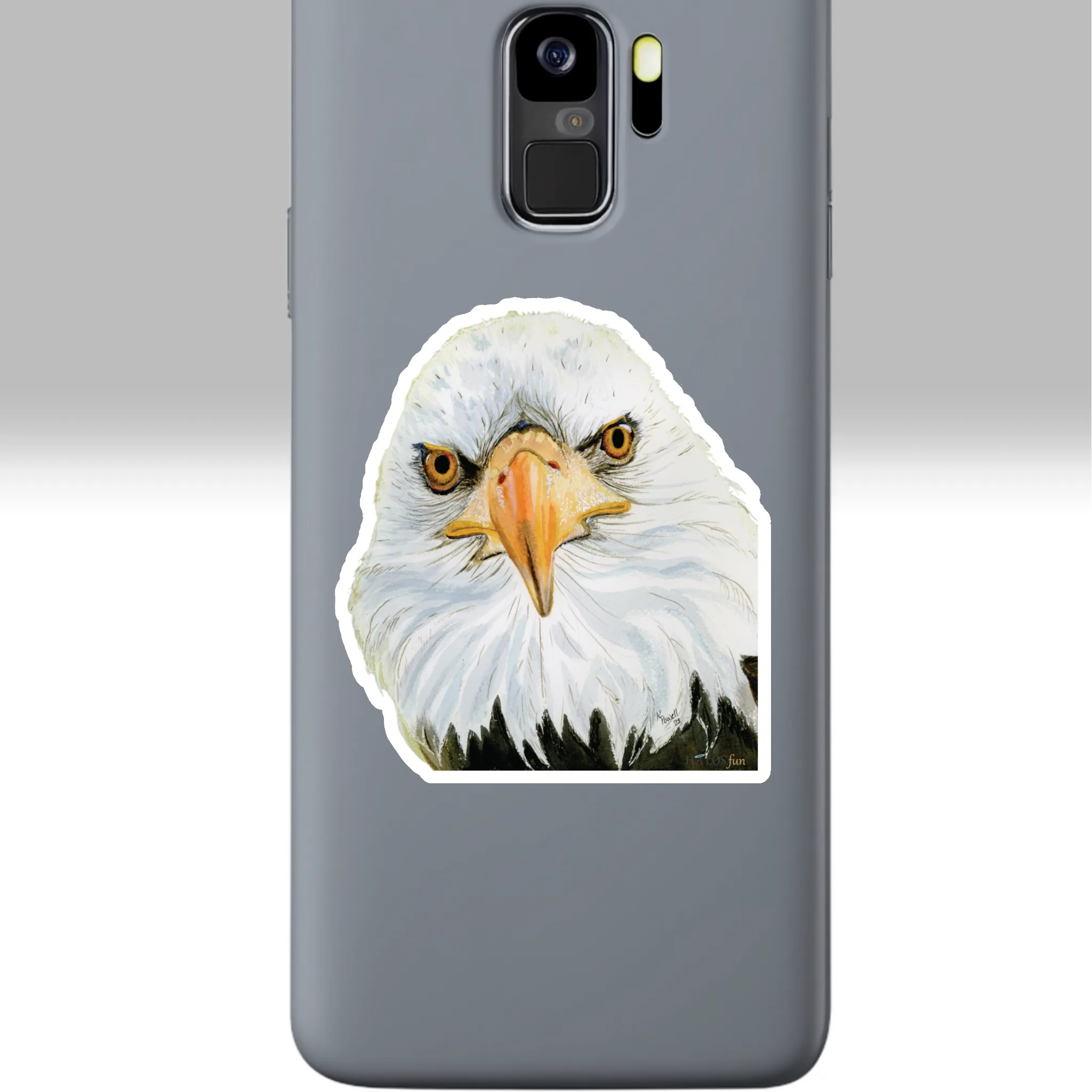 3x3 Halos Eagle Sticker Beautiful and Majestic Vibrant Watercolor with a White background on a cell phone