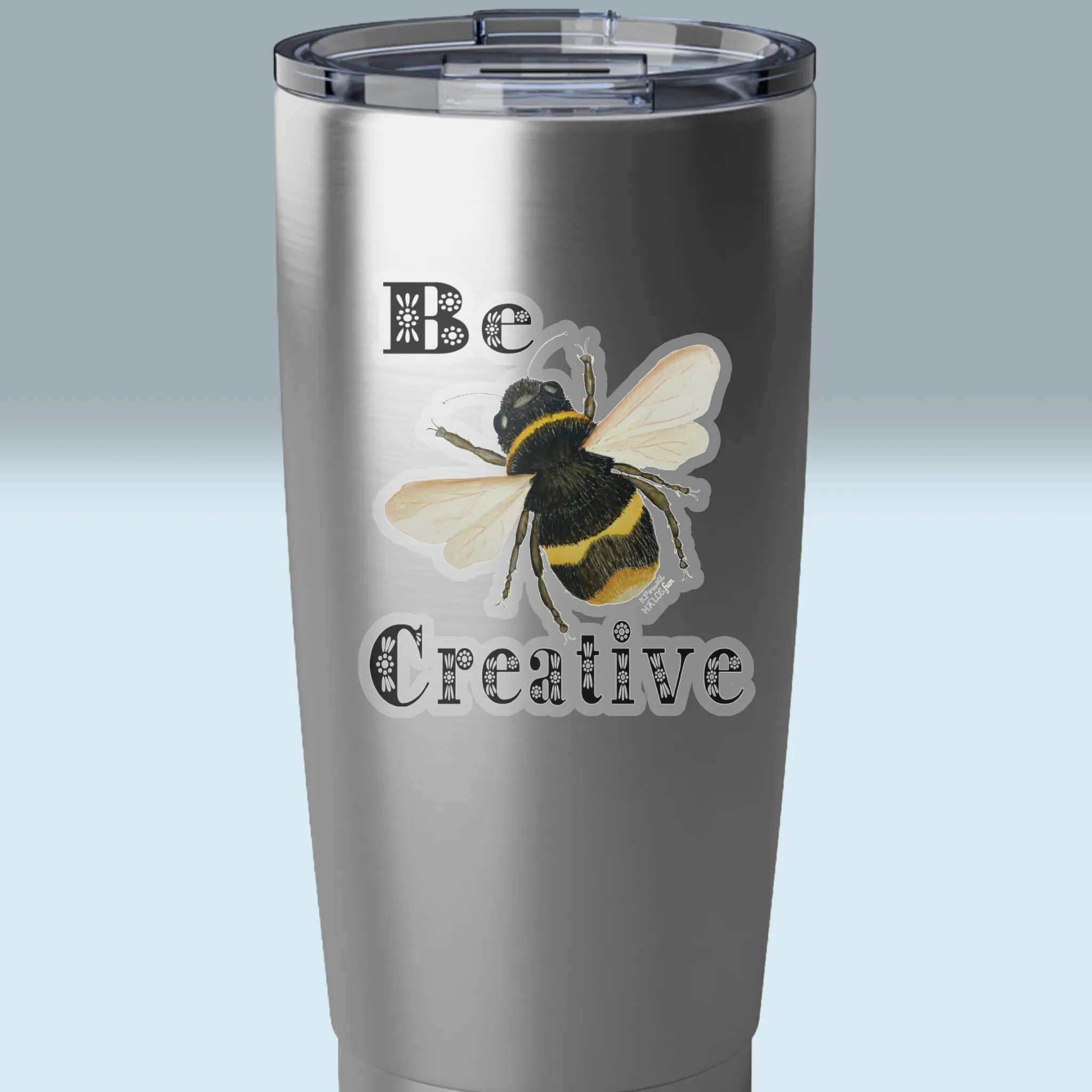 3x3 Transparent Bee Creative Sticker New Fantastic Wings of Imagination Shown on a Stainless Steel Tumbler