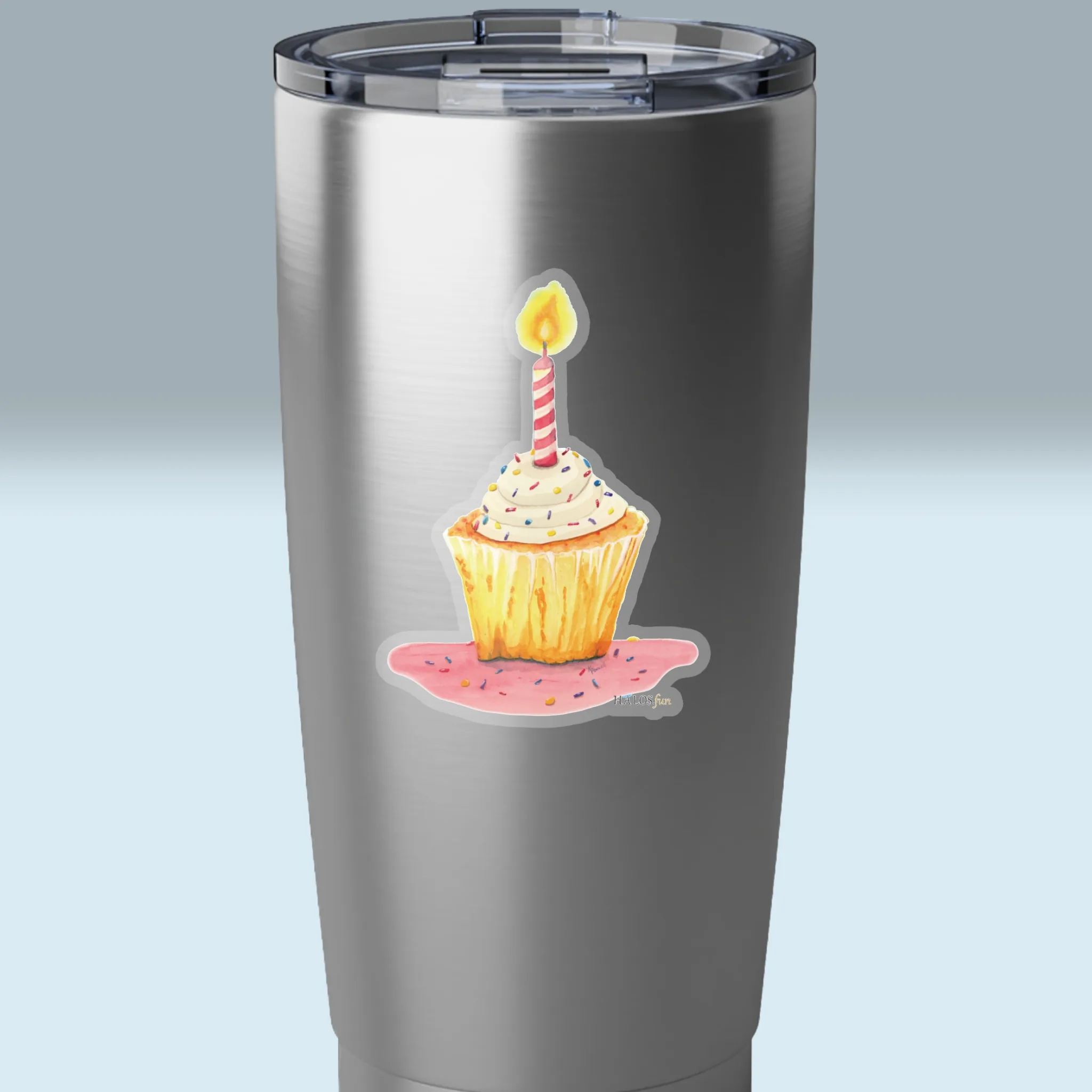 3x3 Transparent Birthday Sticker New Fantastic Colorful Cupcake Shown on a Stainless Steel Tumbler