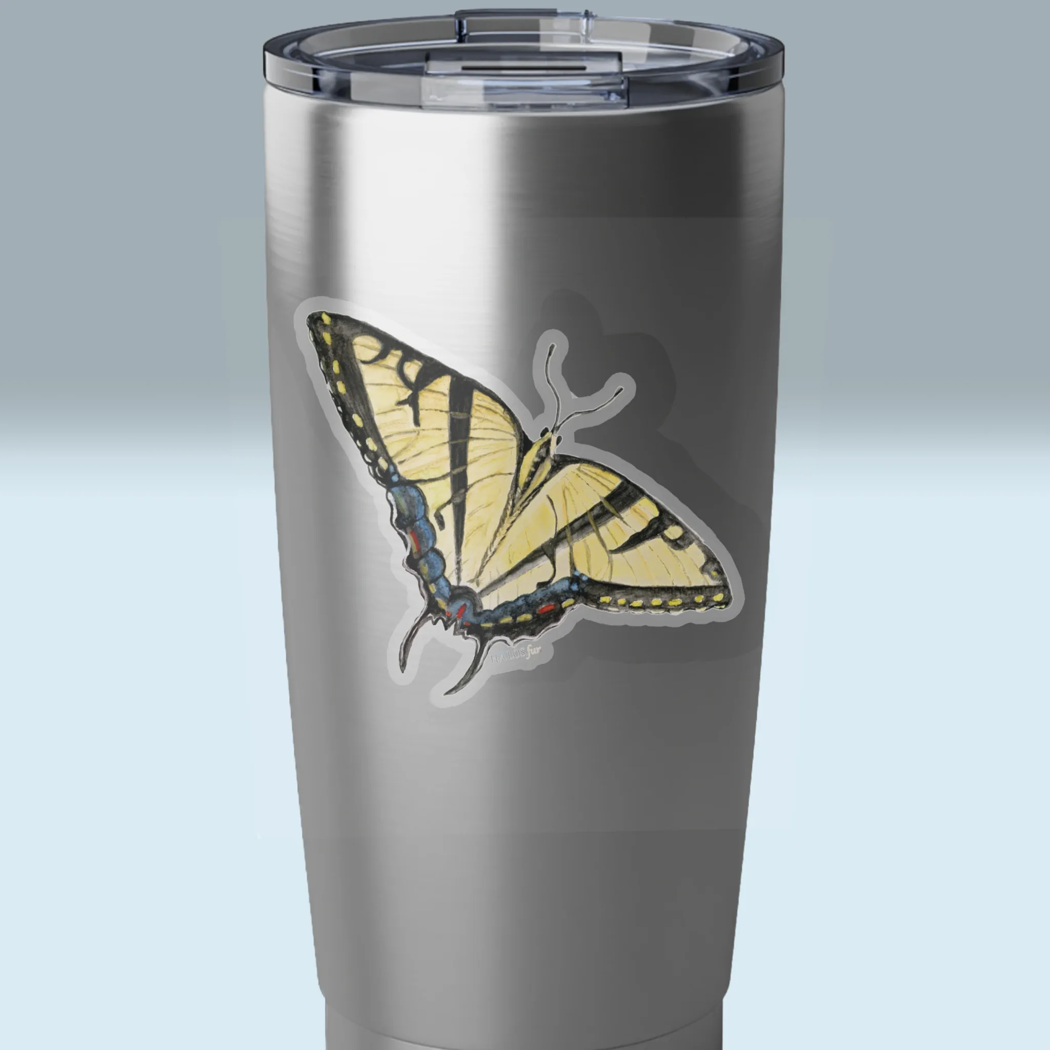 3x3 Transparent Butterfly Sticker Remarkably Beautiful Tiger Swallowtail Shown on a Stainless Steel Tumbler