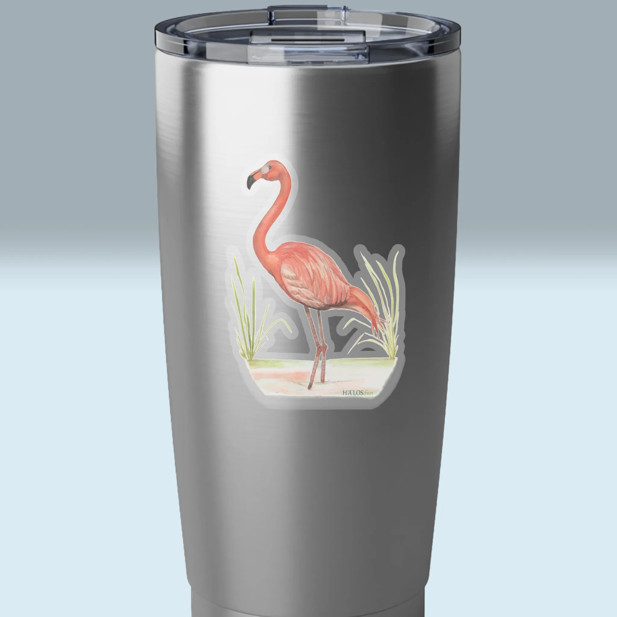 3x3 Transparent Flamingo Sticker Reflections and Beautiful Wonders of the Lord Shown on a Stainless Steel Tumbler