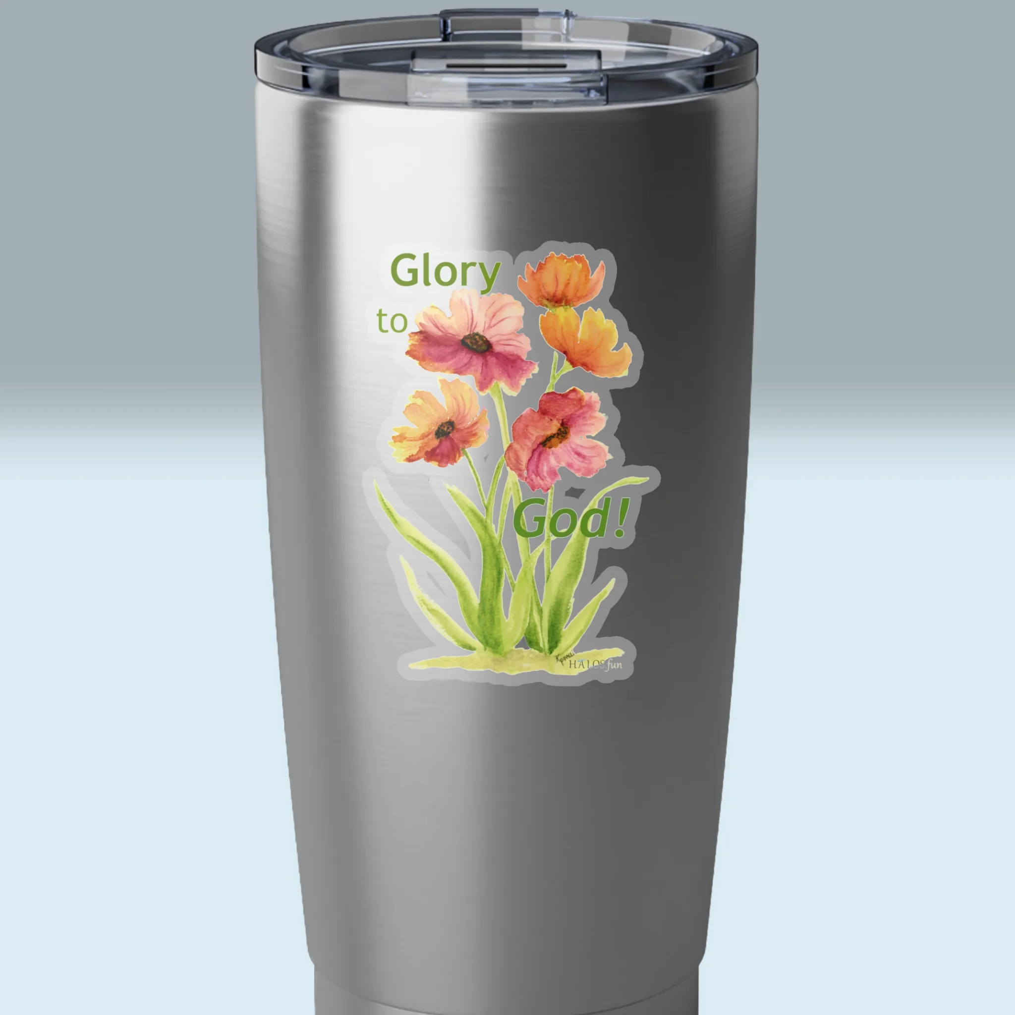3x3 Transparent Halos Flowers Sticker Praising God in Beautiful Vibrant Colors Shown on a Stainless Steel Tumbler