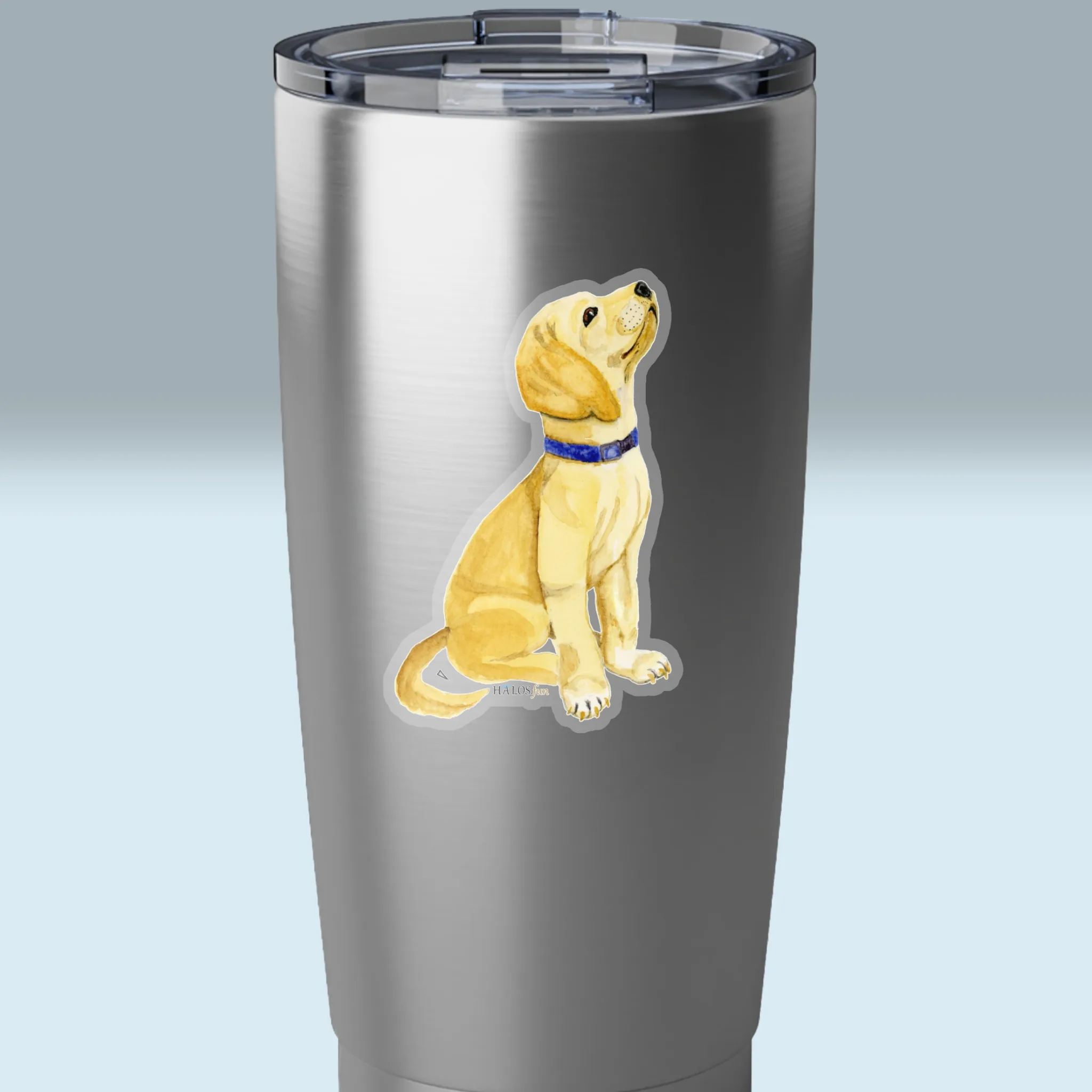 3x3 Transparent Halos Puppy Sticker Irresistibly Cute - Complete Love Shown on a Stainless Steel Tumbler