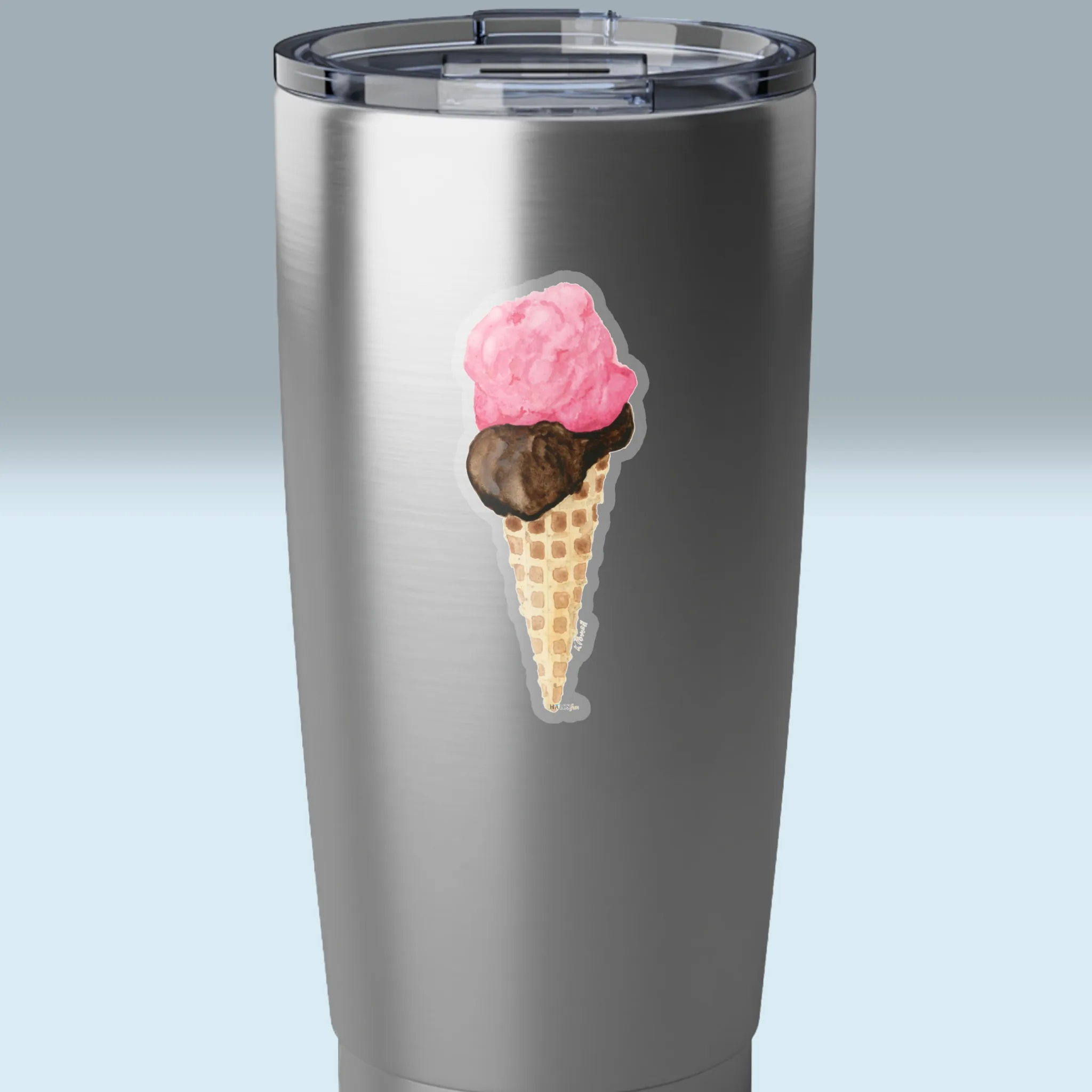 3x3 Transparent Ice Cream Sticker Beautiful Rich and Creamy Halos Art Shown on A Stainless Steel Tumbler