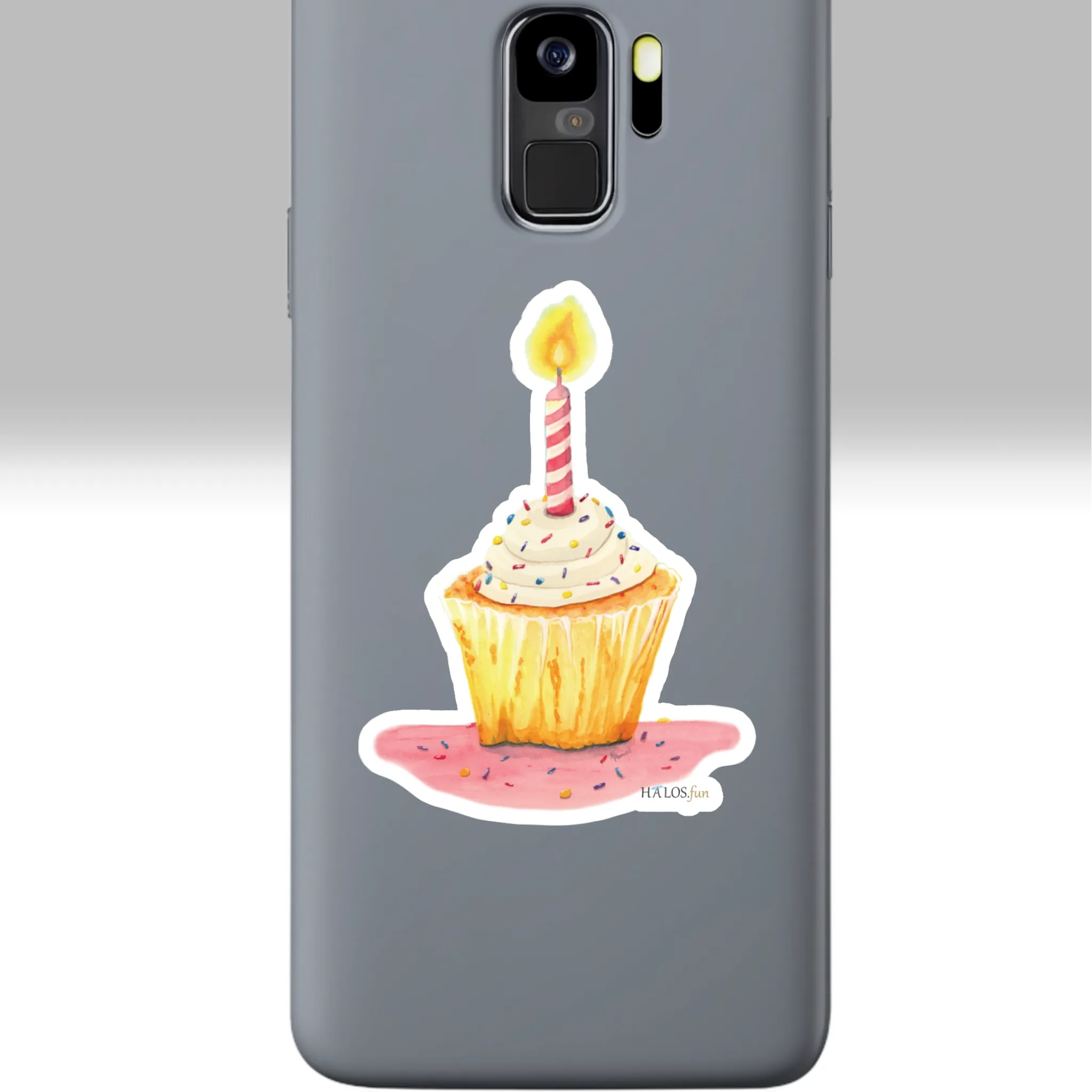 3x3 White Birthday Sticker New Fantastic Colorful Cupcake Shown on a Cell phone