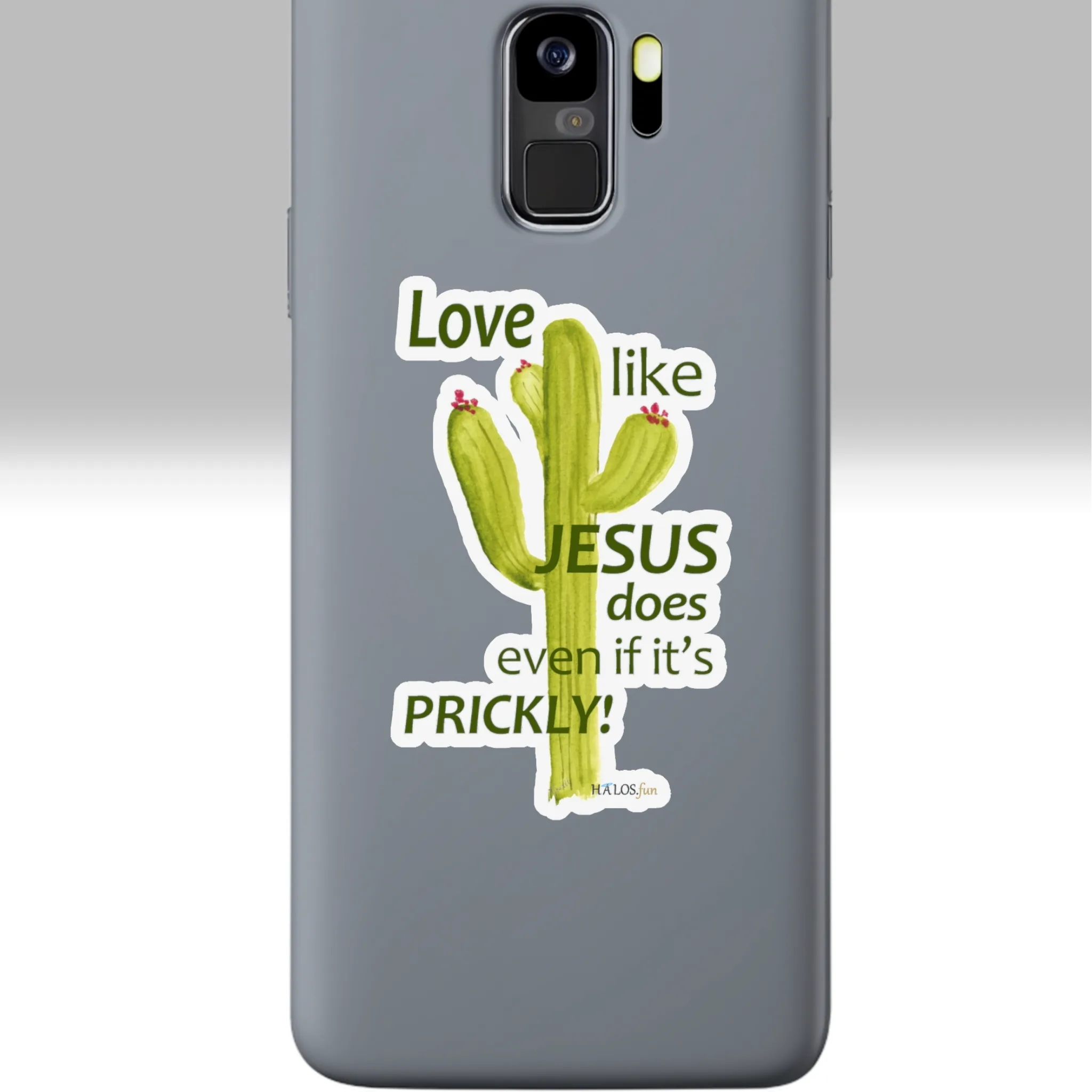 3x3 White Cactus Sticker Epic Love Like Jesus Even If It's Prickly Shown on a Cell Phone
