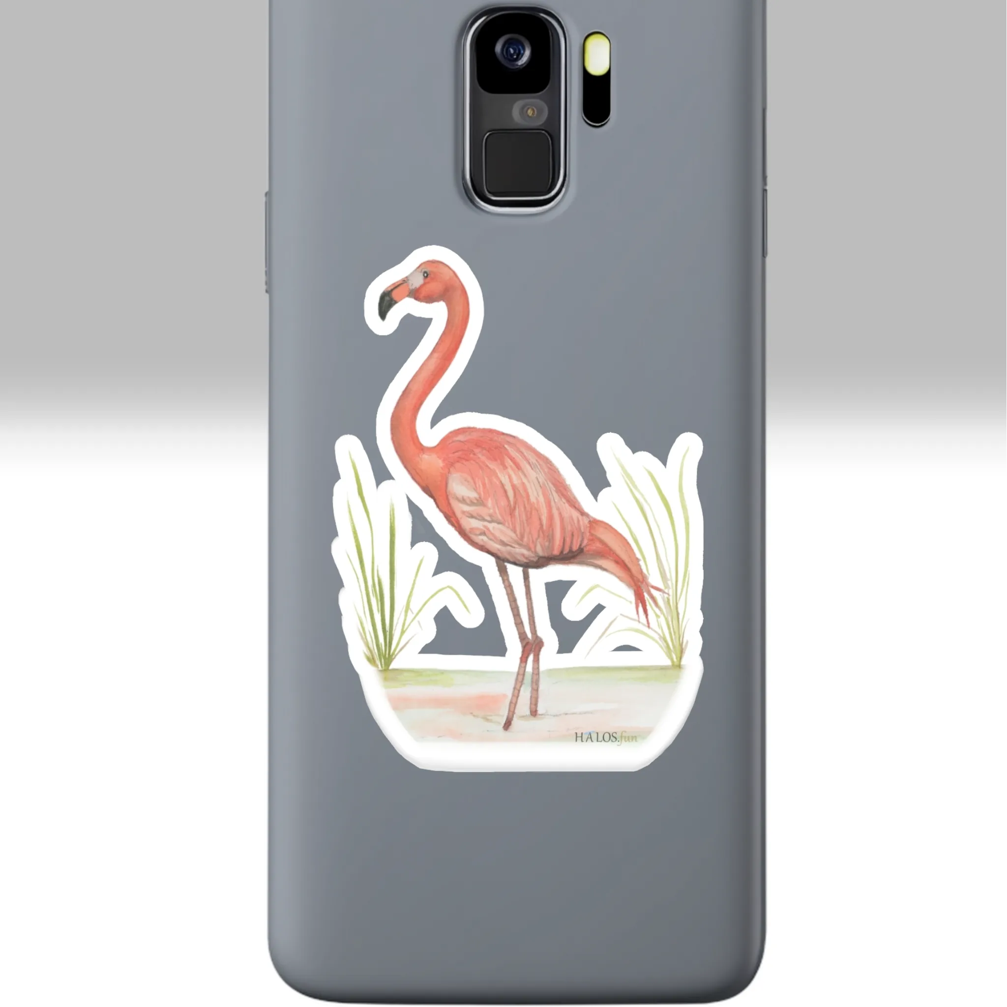 3x3 White Flamingo Sticker Reflections and Beautiful Wonders of the Lord Shown on a Cell Phone