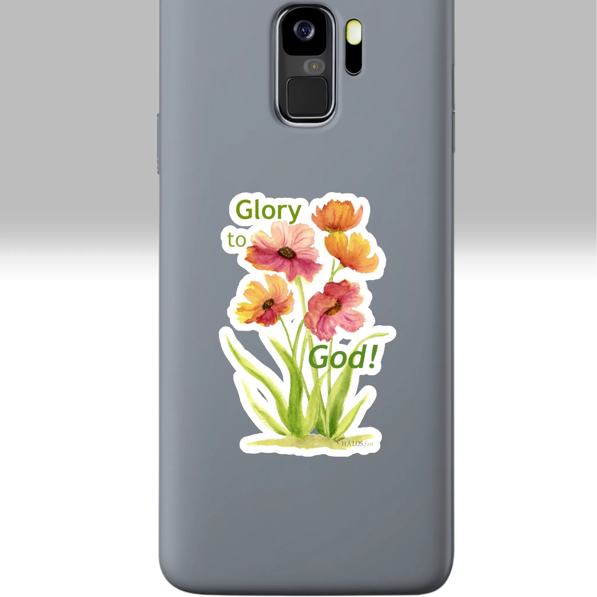 3x3 White Halos Flowers Sticker Praising God in Beautiful Vibrant Colors Shown on a Cell Phone