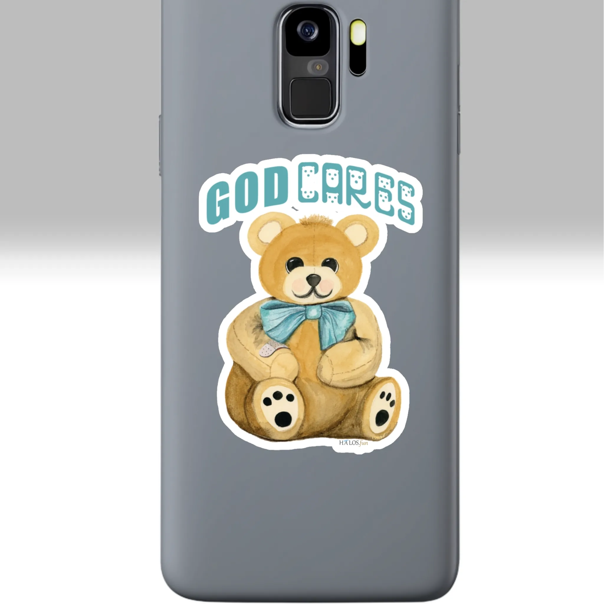 3x3 White Halos Teddy Sticker Fantastic Bear Hugs of Gods Love on a Cell Phone