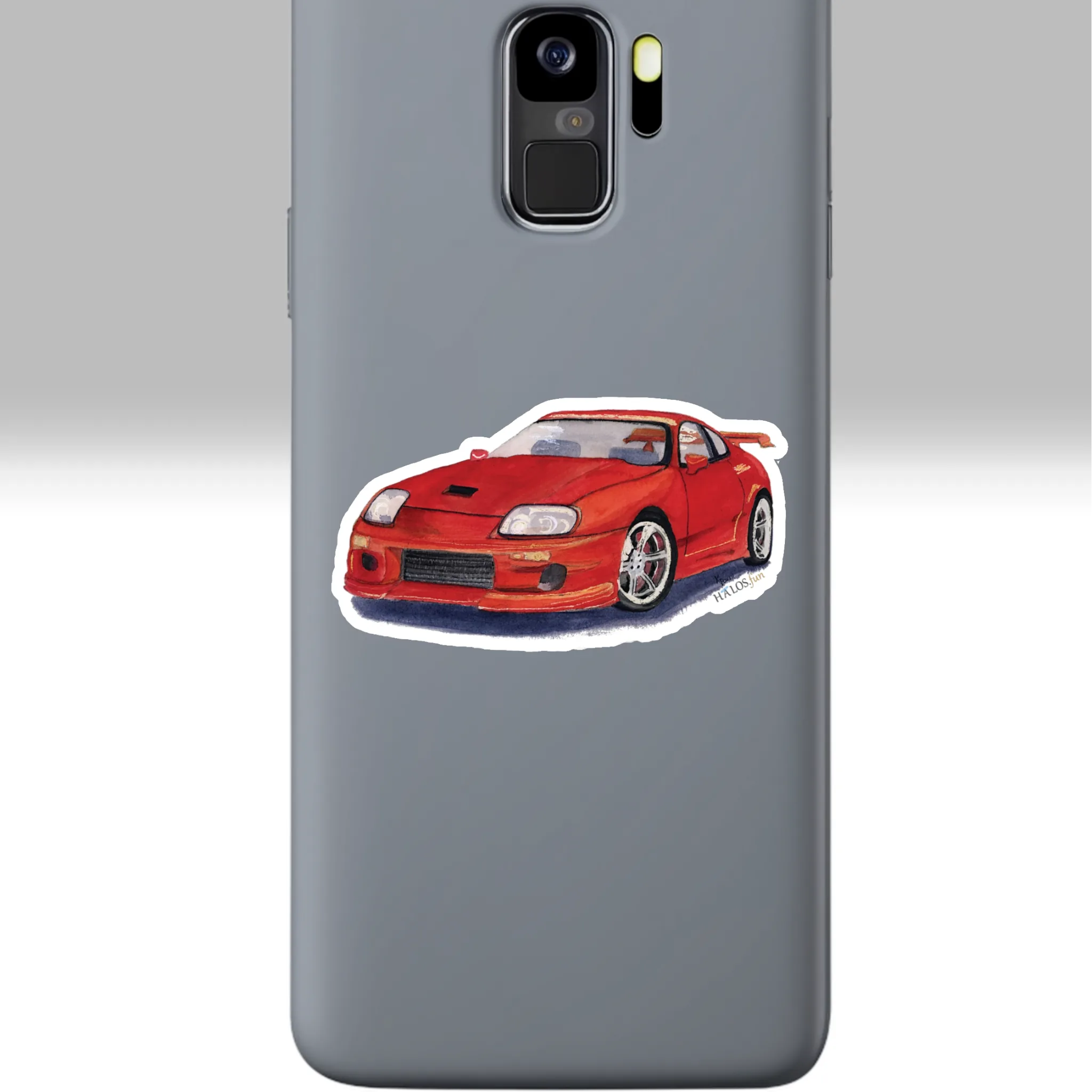 3x3 White Race Car Sticker New Epic Colorful Red Sports Car Shown on a Cell Phone