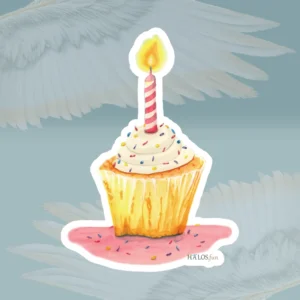 4x4 White Birthday Sticker New Fantastic Colorful Cupcake Framed By Angels Fly Here