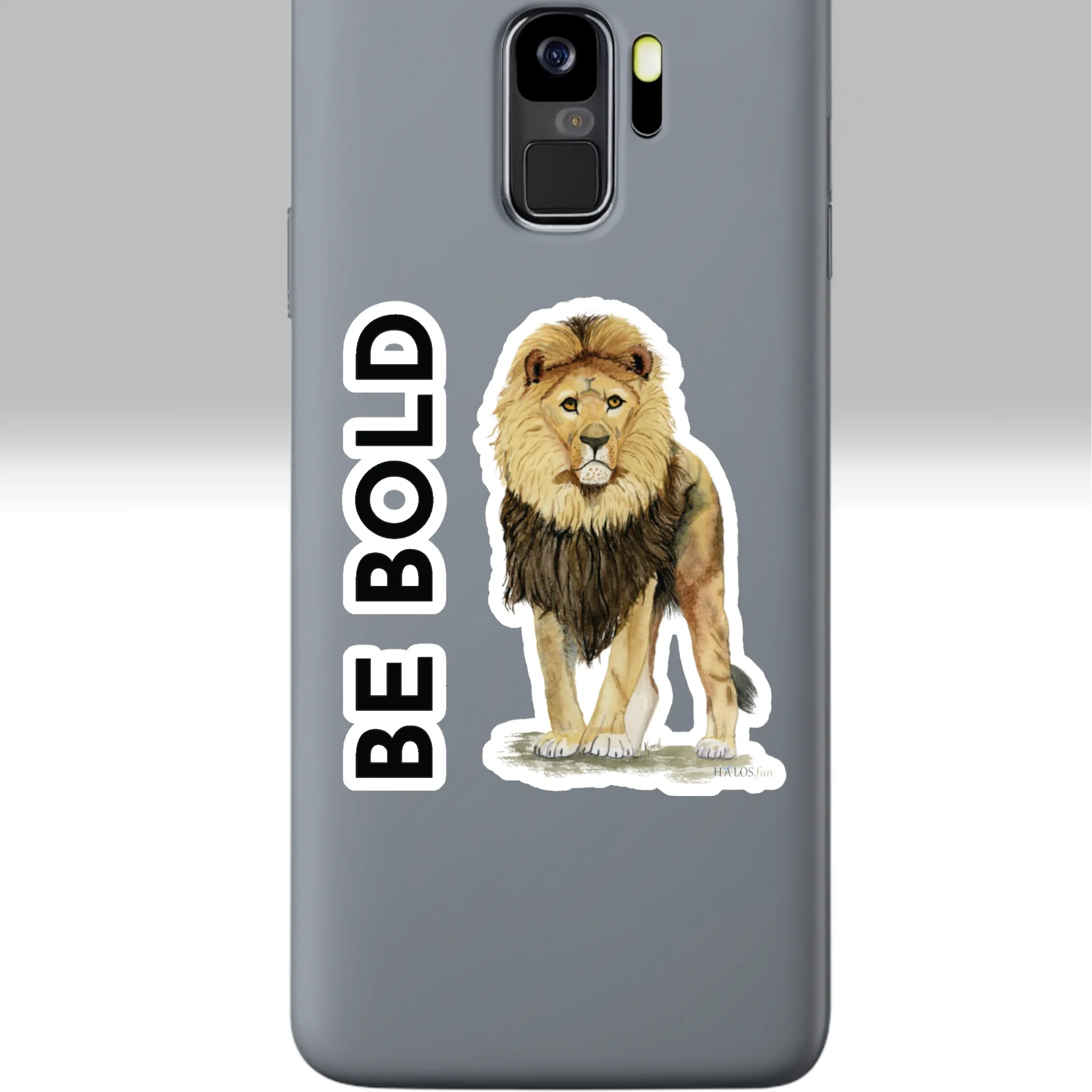 Bold Lion Sticker Beautiful, Daring, Fearless, Inspiration 3 Inch White kiss cut Sticker Shown On a Cell Phone