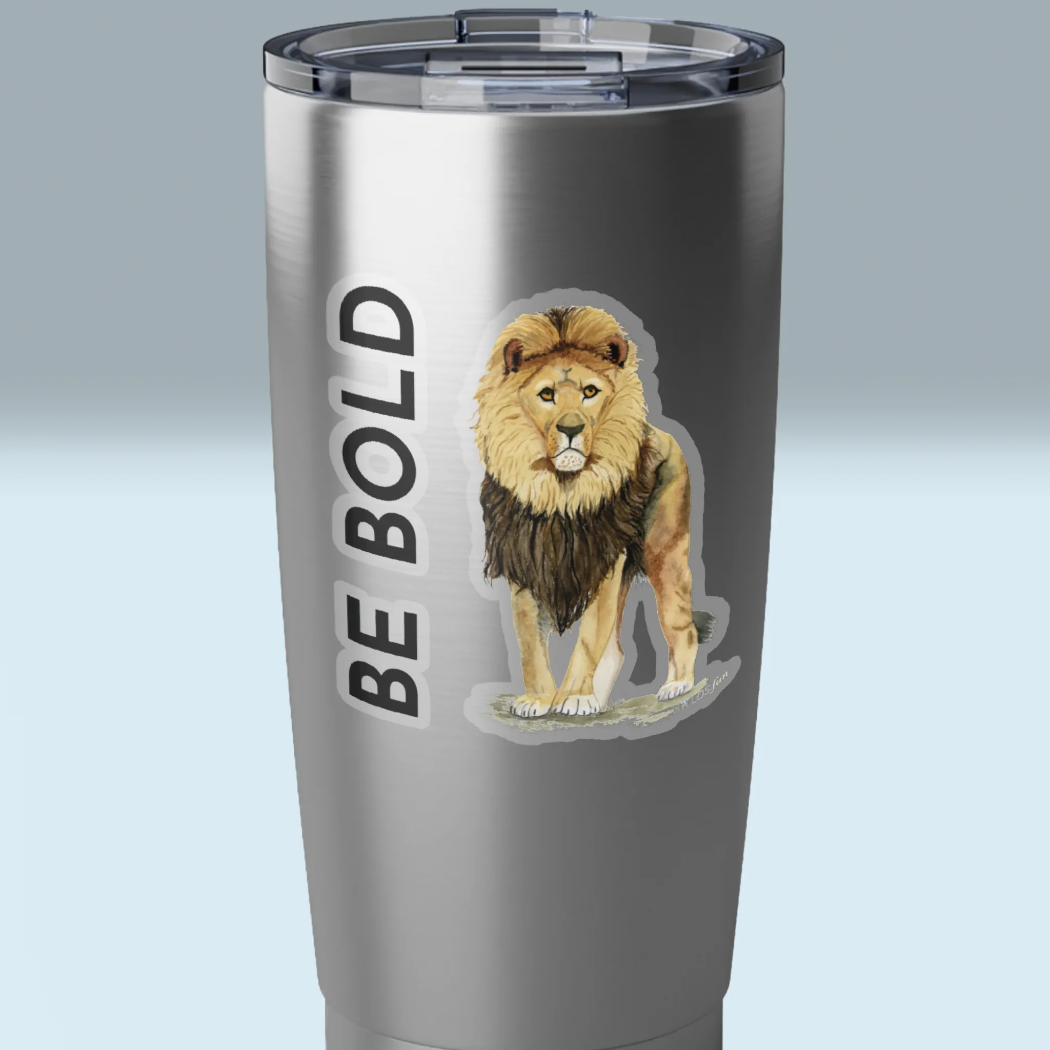 Bold Lion Sticker Beautiful, Daring, Fearless, Inspiration 3x3 transparent Kiss Cut Sticker Shown on a Stainless Steel Tumbler