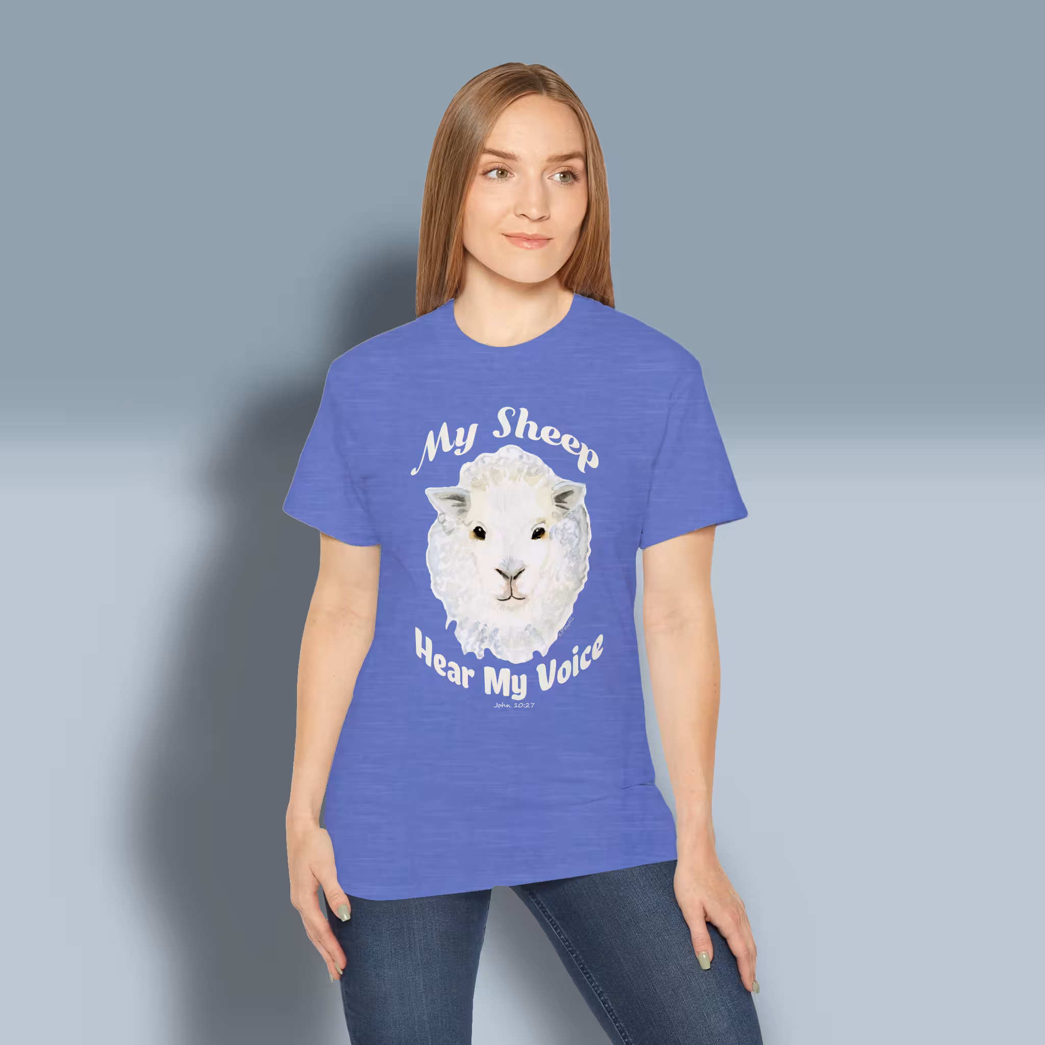 Devoted Sheep Tee The Beautiful Divine Calling Heather Royal Colored Haloed Tee happy female customer wearing the tee shirt