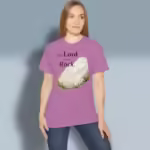 Awesome Rock Tee - Simplified Faith the Lord My Rock Heather Radiant Orchid Colored Haloed T-Shirt happy female customer wearing the tee shirt