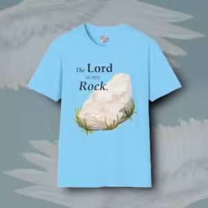 Awesome Rock Tee - Simplified Faith the Lord My Rock Sky Colored Haloed T-Shirt Framed By Angels Fly Here
