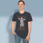 Baby Goat Tee - Easily Make you Smile & Seek Peace Dark Heather Grey colored Haloed Tee happy male customer wearing the tee shirt