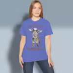 Baby Goat Tee - Easily Make you Smile & Seek Peace Heather Royal colored Haloed Tee happy female customer wearing the tee shirt