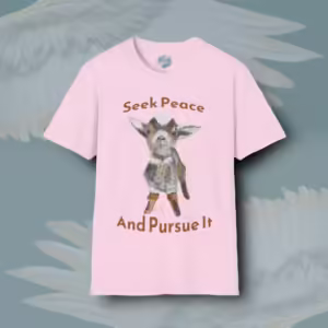 Baby Goat Tee - Easily Make you Smile & Seek Peace Light Pink colored Haloed Tee framed by Angels Fly Here