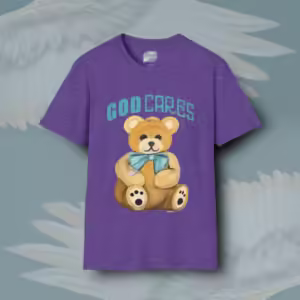 Bear Hug Tee The Grateful Embrace of God's Love Heather Purple Colored Haloed Tee Framed By Angels Fly Here