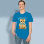 Bear Hug Tee The Grateful Embrace of God's Love Sapphire Colored Haloed Tee Happy Male Customer Wearing The tee Shirt