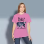 Bear of Burdens Tee Mind-Blowing, Beautiful Jesus Bares it all Azalea Colored Haloed Tee Happy Female Customer Wearing The Tee Shirt